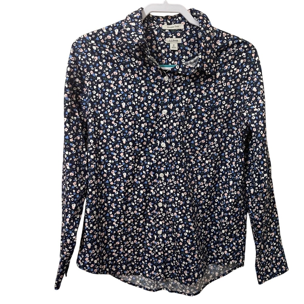 LL Bean Womens Size M Wrinkle Free Navy Floral Long Sleeve Button Down Shirt